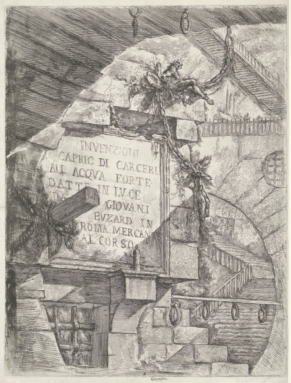 Titelbild mit Gesicht im Kerker und Titel an der Wand (Kerker) von Giovanni Battista Piranesi
