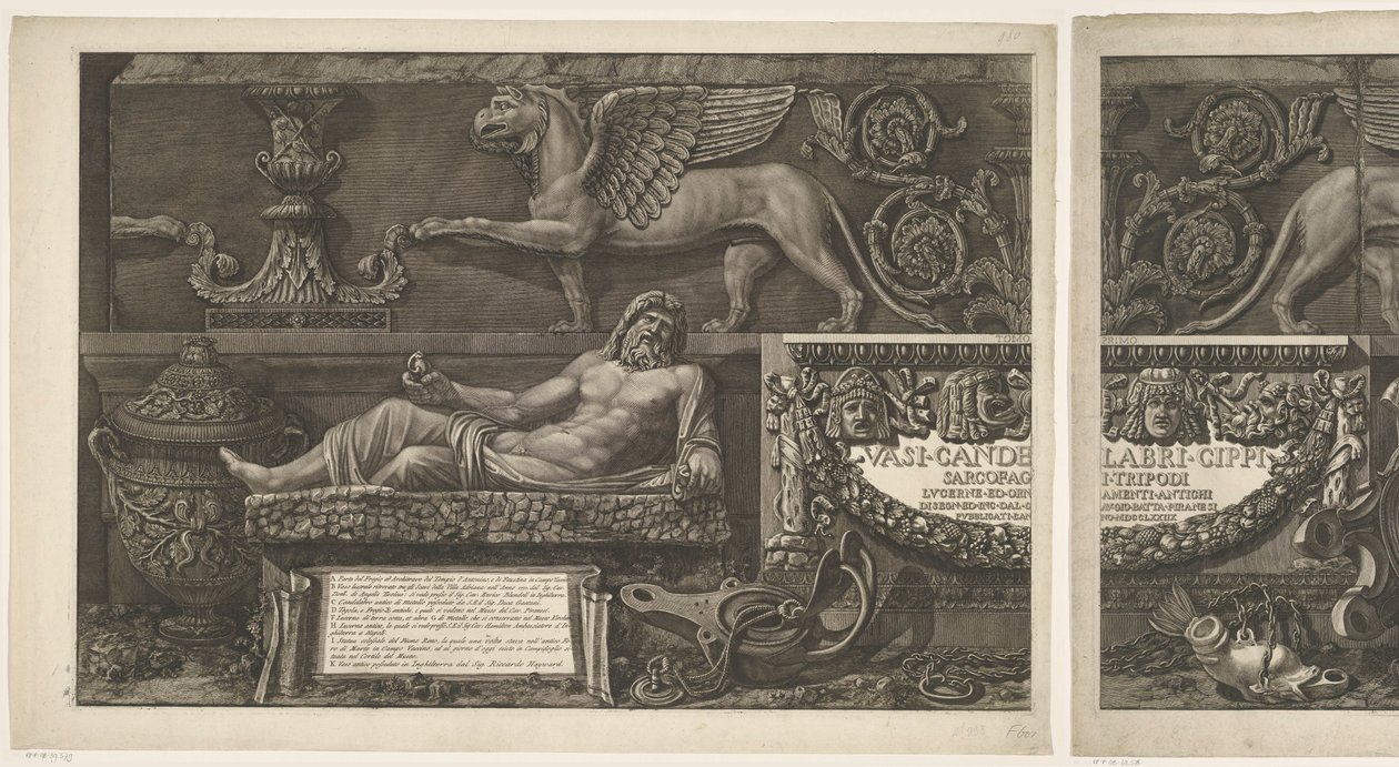 Titelblatt mit Skulpturen, geschnitzten Reliefs und einem Sarkophag mit Titel Vasen, Kandelaber, Grabsteine, Sarkophage, Dreifüße, Lampen und Ornamente entworfen und graviert von Giovanni Battista Piranesi (Serientitel) Vasi, candelabri, cippi, sarcofagi von Giovanni Battista Piranesi