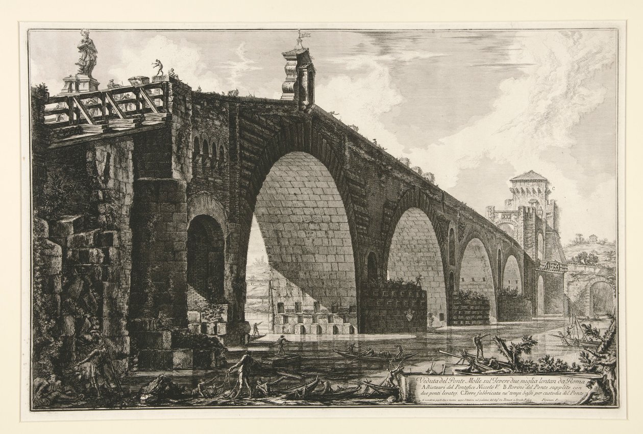 Veduta del Ponte Molle sul Tevere due miglia lontan da Roma (Ansicht der Milvischen Brücke über den Tiber zwei Meilen außerhalb Roms), aus Vedute di Roma von Giovanni Battista Piranesi