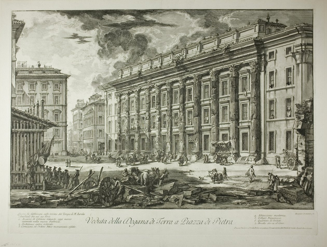Ansicht des Zollhauses auf der Piazza di Pietra, das innerhalb der Ruinen des Tempels von Marcus Aurelius Antoninus Pius in seinem Forum erbaut wurde, aus Ansichten von Rom von Giovanni Battista Piranesi