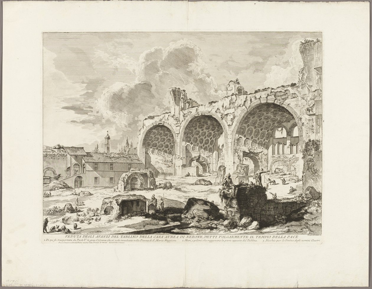 Ansicht der Überreste des Speisesaals des Goldenen Hauses von Nero, allgemein als Tempel des Friedens bezeichnet, aus Ansichten von Rom von Giovanni Battista Piranesi
