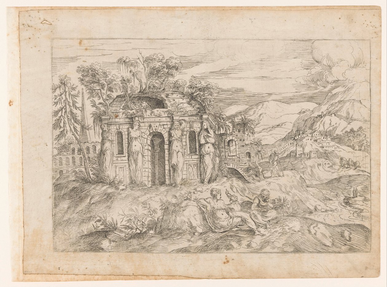 Landschaft mit antikem Tempel mit Karyatiden von Giovanni Battista Pittoni (I) (attributed to)
