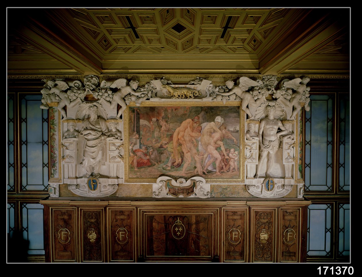 Die Plünderung von Troja oder Catania, Detail des dekorativen Schemas in der Galerie von Franz I. (1494-1547) 1535-40 von Giovanni Battista Rosso Fiorentino
