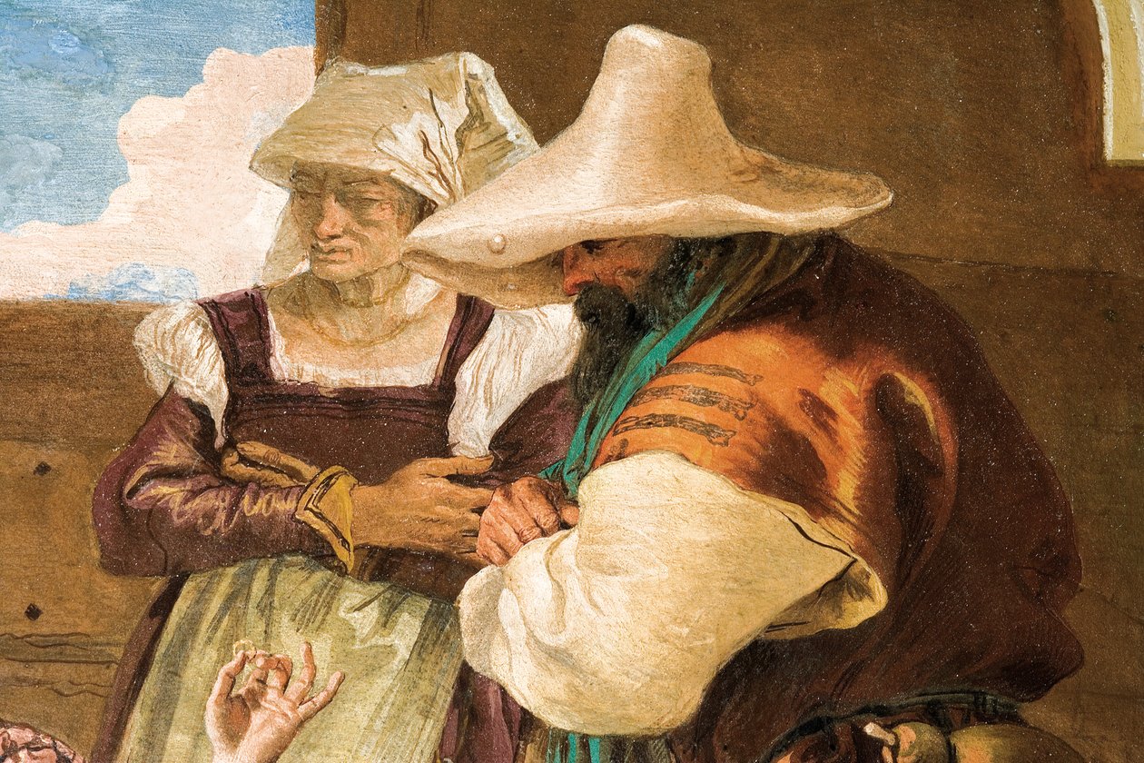(Detail) Angelica und Medoro verabschieden sich von den Bauern, aus dem Raum des Orlando Furioso in der Palazzina, 1757 von Giovanni Battista Tiepolo