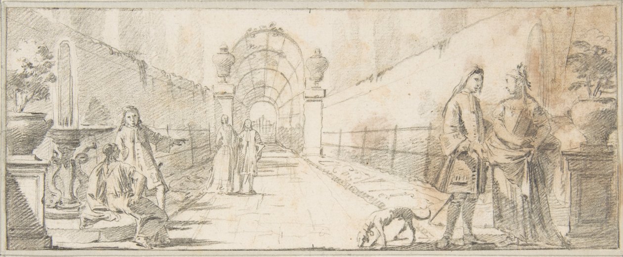 Illustration für ein Buch: Figuren im Gespräch in einem Garten von Giovanni Battista Tiepolo