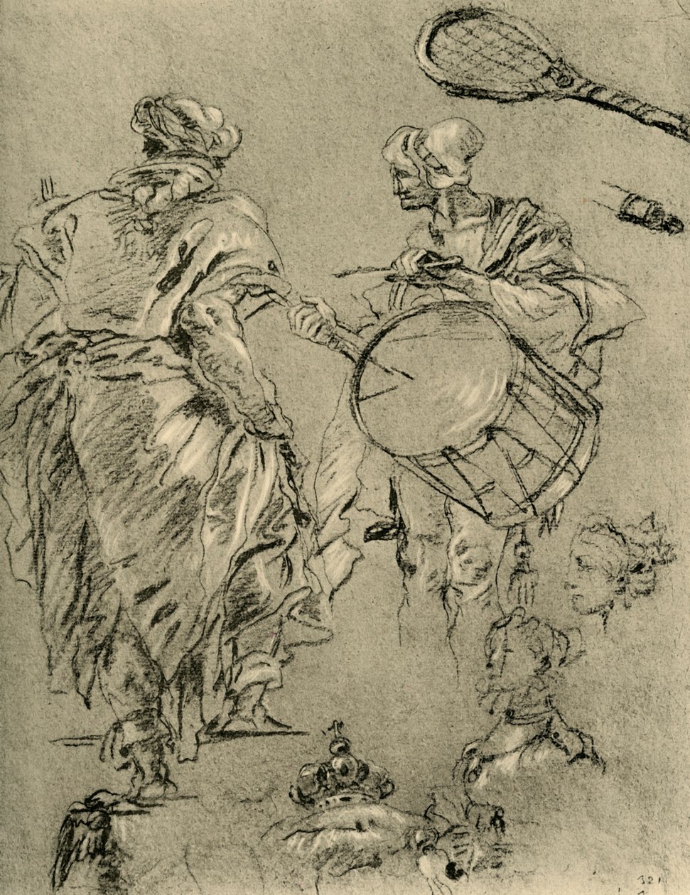 Mann von hinten gesehen, ein Trommler und kleine Studien, 1751-1752, 1928 von Giovanni Battista Tiepolo