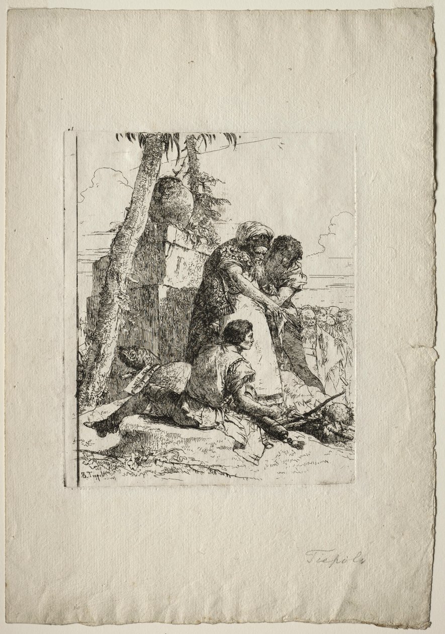 Scherzi di Fantasia: Magier zeigt zwei Jugendlichen einen brennenden Kopf, 1750er Jahre von Giovanni Battista Tiepolo