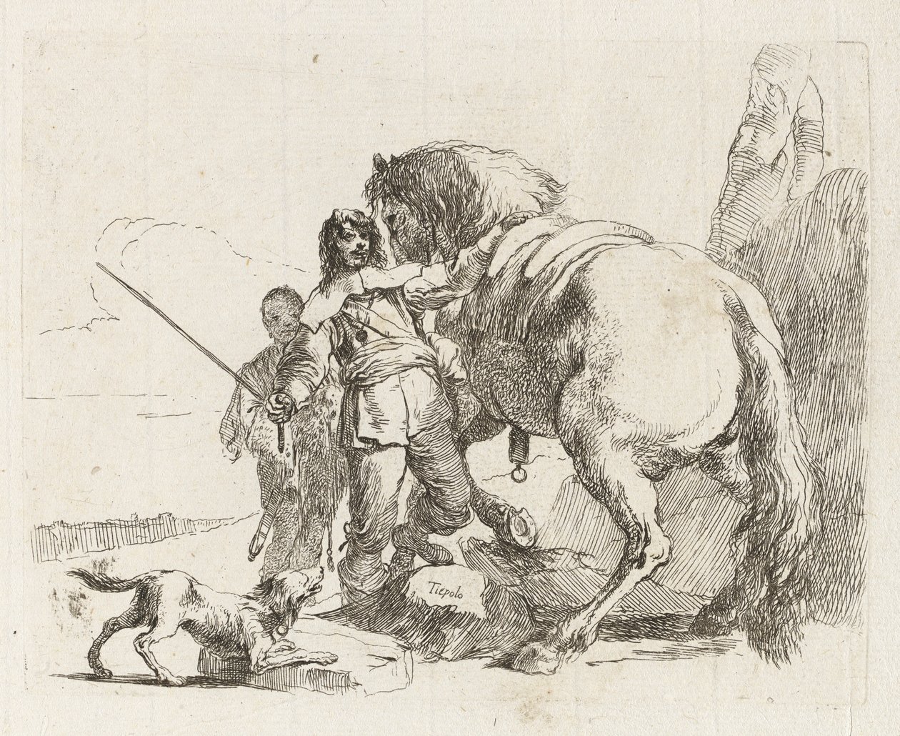 Der Reiter, der neben seinem Pferd steht, aus Vari capricci von Giovanni Battista Tiepolo