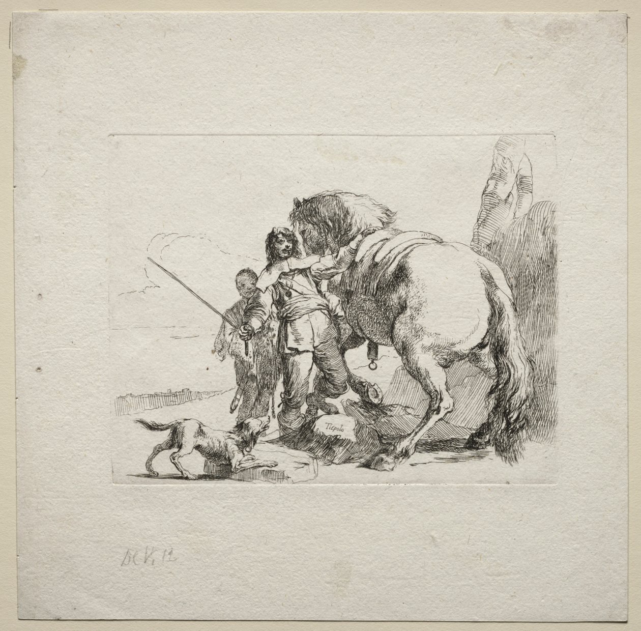 Verschiedene Kaprizen: Der Reiter, der sein Pferd besteigt von Giovanni Battista Tiepolo