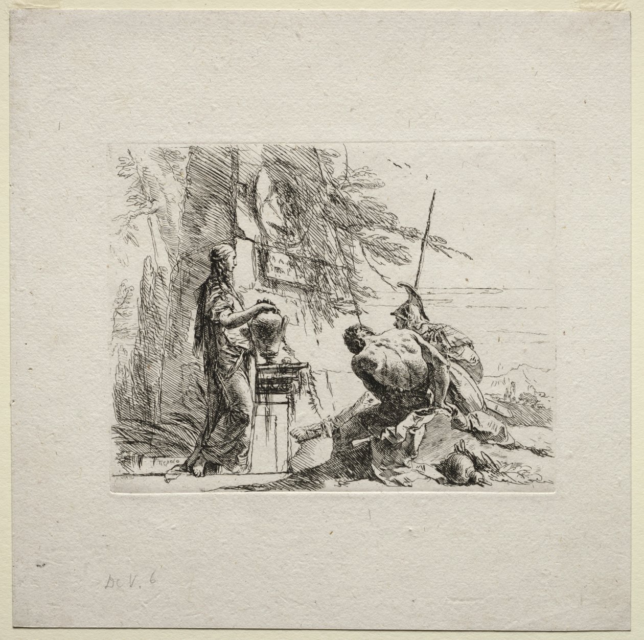 Verschiedene Kaprizen: Die Frau, die mit den Händen auf einer Vase steht von Giovanni Battista Tiepolo