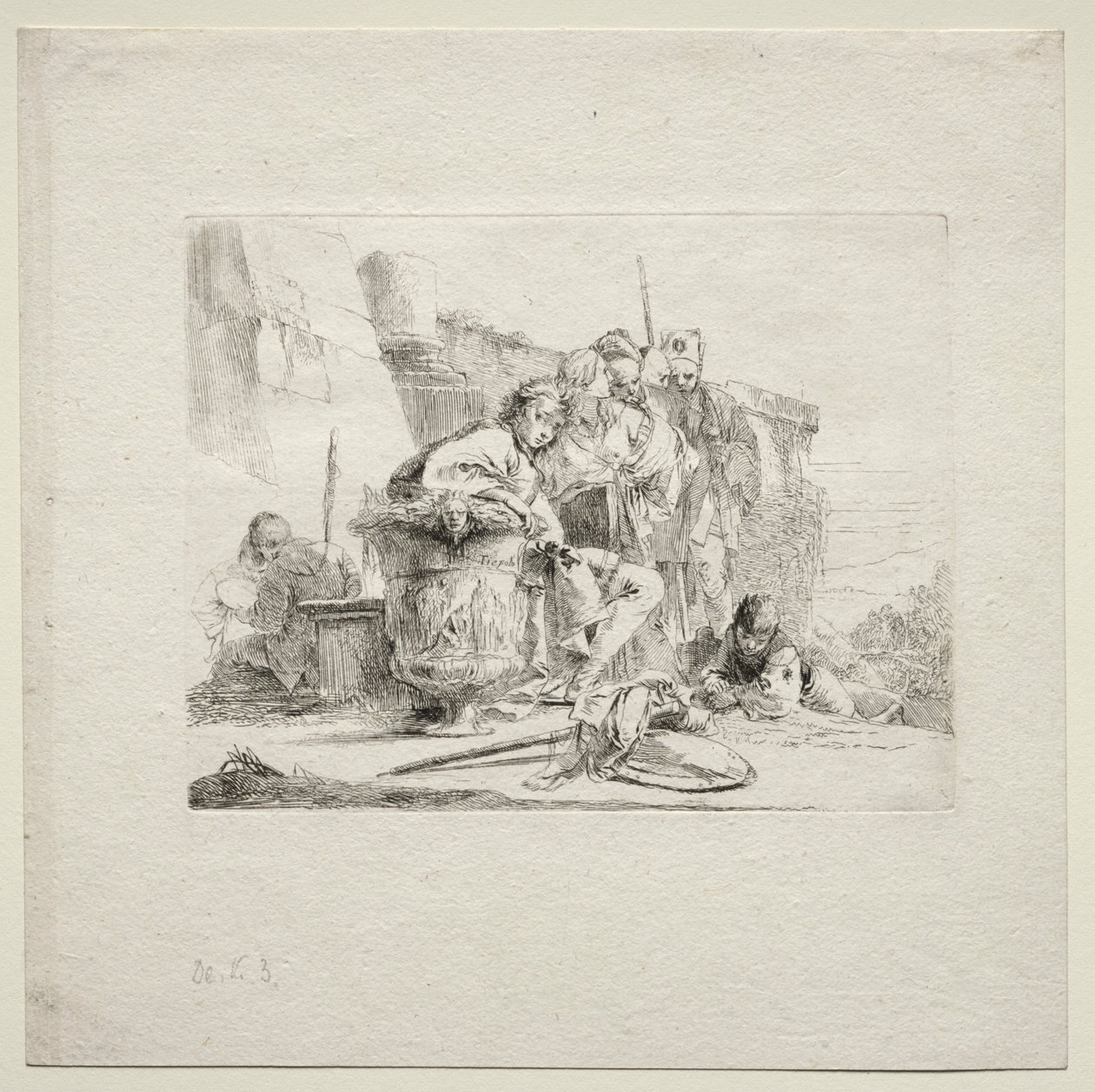 Verschiedene Launen: Der junge Mann sitzt und lehnt sich an eine Urne von Giovanni Battista Tiepolo