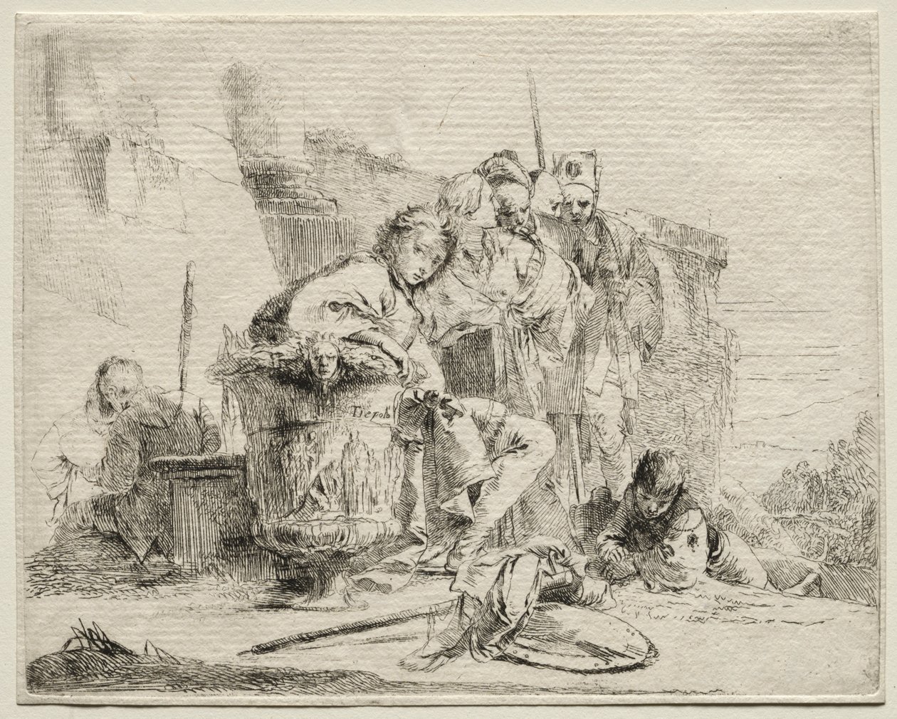 Verschiedene Kaprizen: Junger Mann sitzt und lehnt sich an eine Urne von Giovanni Battista Tiepolo