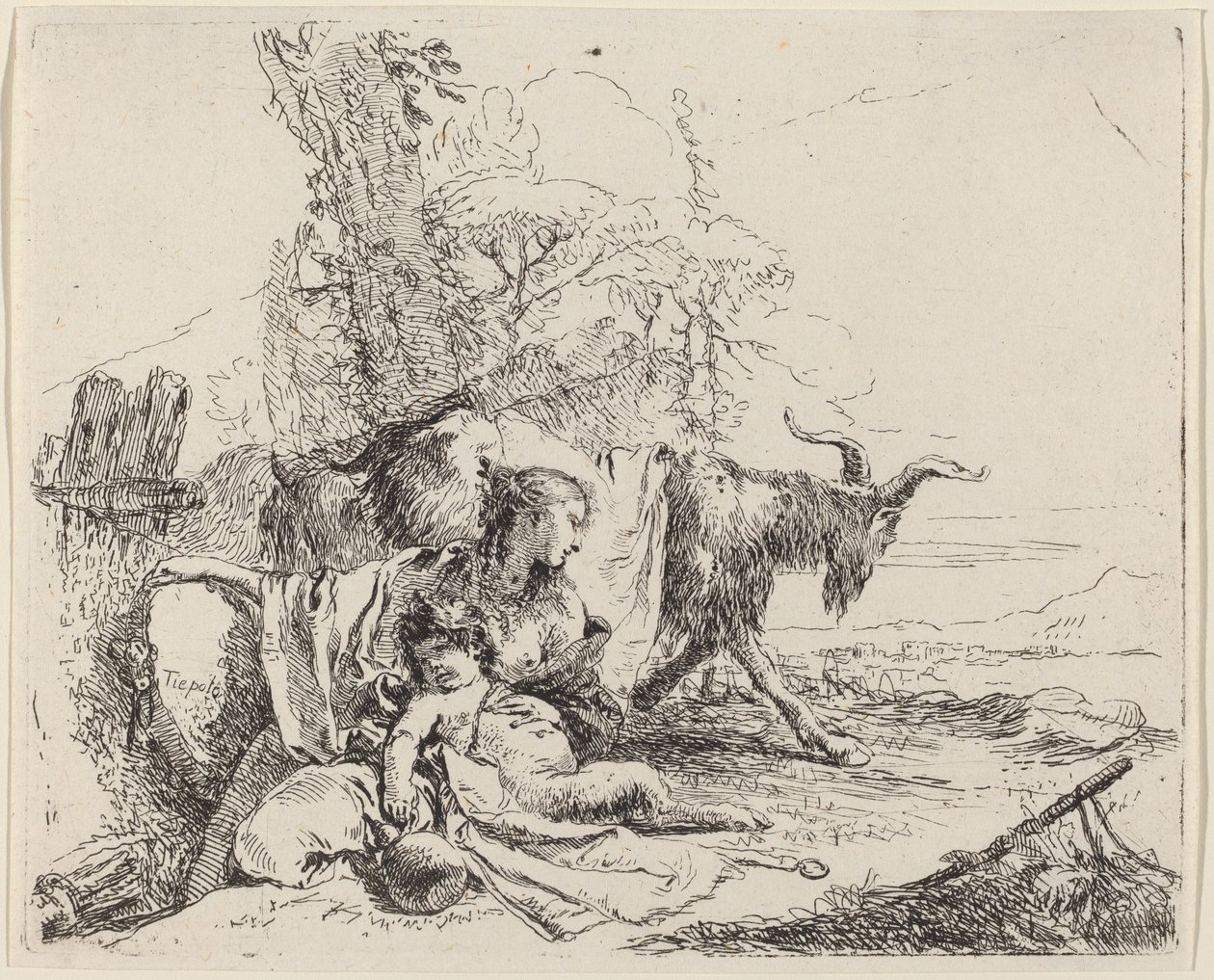 Frau, Satyrkind und Ziege in einer Landschaft von Giovanni Battista Tiepolo