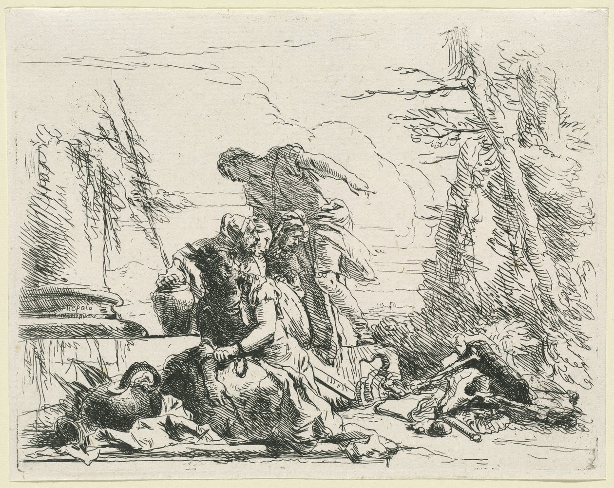 Frauen und Männer betrachten einen brennenden Scheiterhaufen aus Knochen von Giovanni Battista Tiepolo