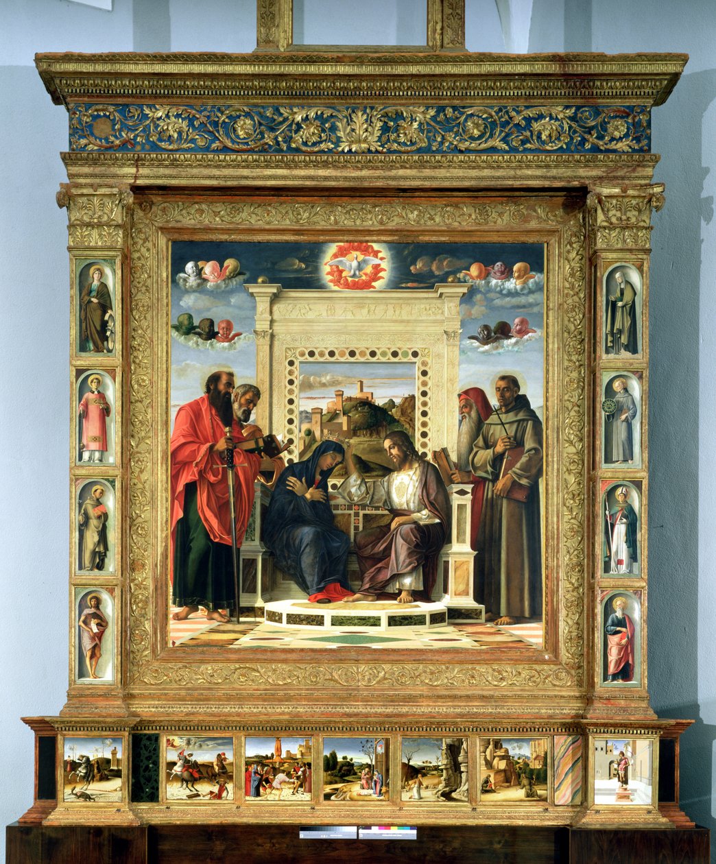 Krönung der Jungfrau mit den Heiligen Paulus, Petrus, Hieronymus und Franz von Assisi mit Szenen aus dem Leben der Heiligen im Predella-Panel, bekannt als der Pala di Pesaro Altar, um 1474 von Giovanni Bellini
