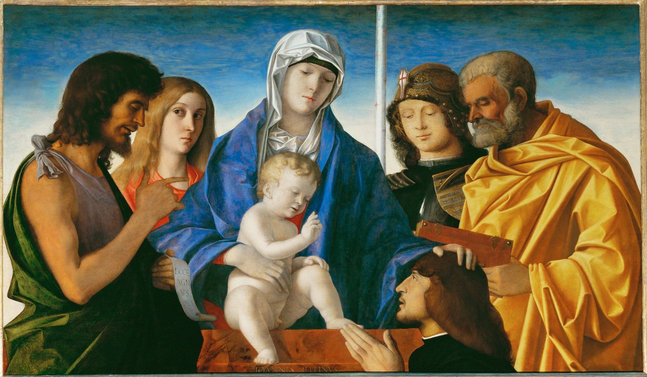 Jungfrau und Kind mit den Heiligen Johannes dem Täufer, Magdalena, Georg und Petrus von Giovanni Bellini
