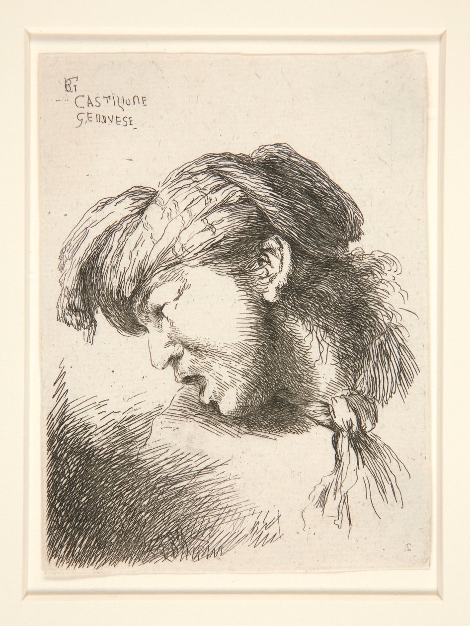Ein Mann ohne Bart, im Profil gesehen und nach rechts gewandt. Sein Mund ist geöffnet, als ob er schreien würde, aus der Serie Les petites têtes von Giovanni Benedetto Castiglione
