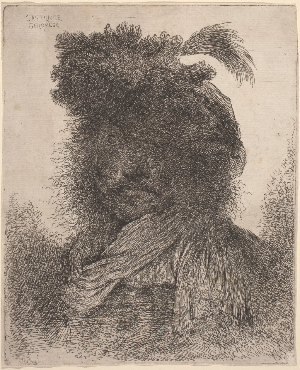 Bärtiger Mann mit schattiertem Gesicht, der einen Schal und einen Federhut trägt von Giovanni Benedetto Castiglione