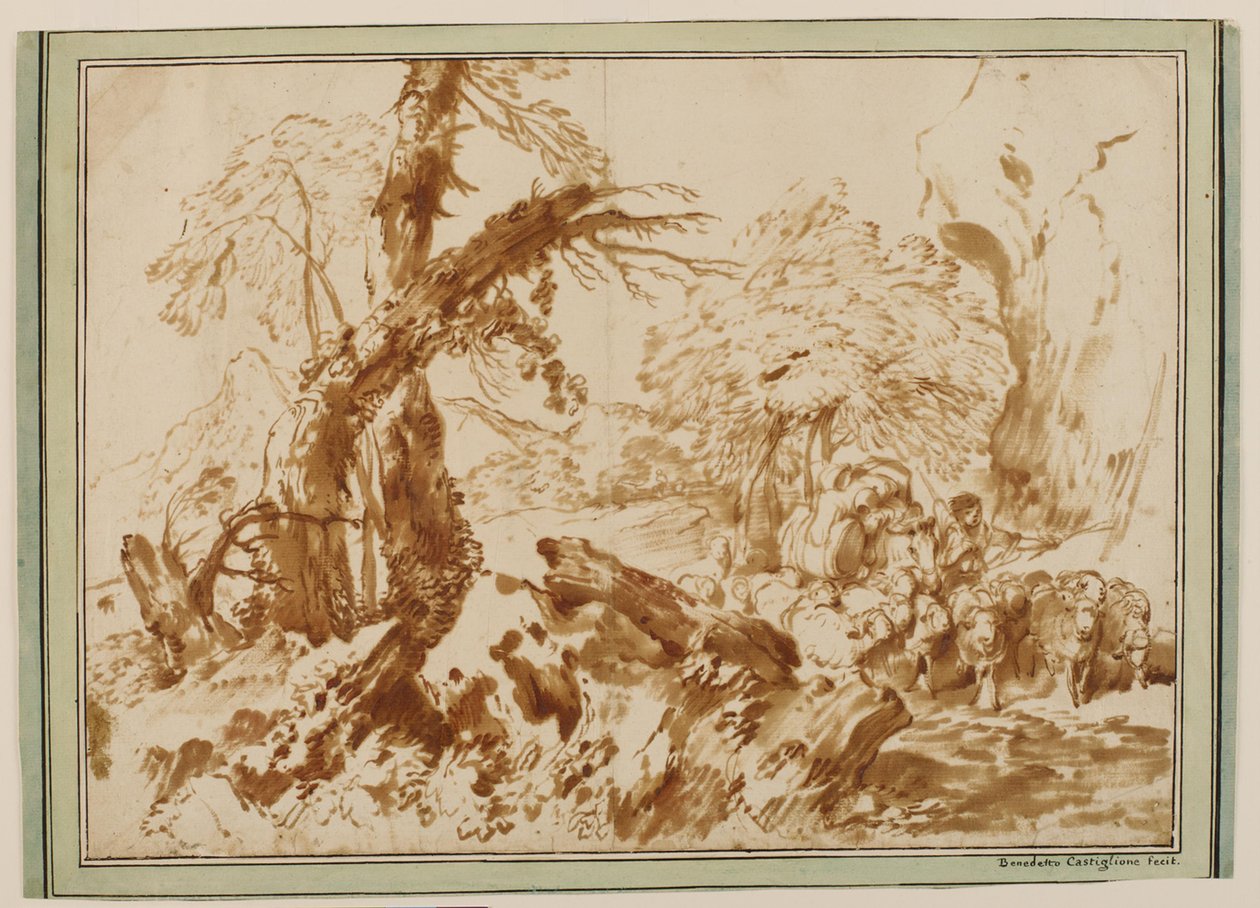 Landschaft mit Schafherde, geführt von einem Hirten, der ein beladenes Maultier führt von Giovanni Benedetto Castiglione