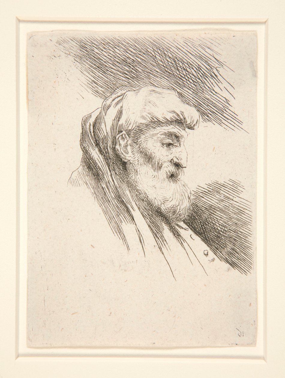 Alter Mann mit langem Bart, im Profil nach rechts gewandt, aus der Serie Die kleinen Köpfe von Giovanni Benedetto Castiglione
