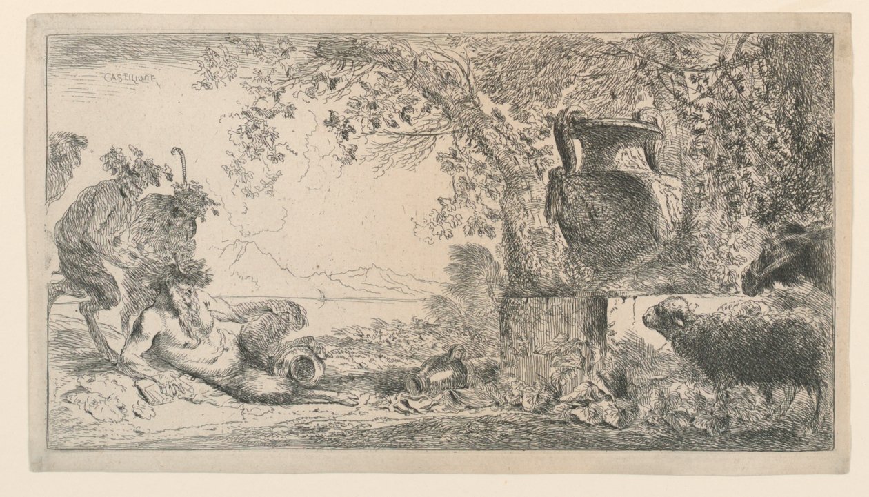 Pan sitzt gegenüber einer Vase von Giovanni Benedetto Castiglione