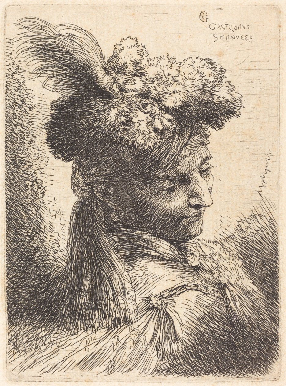 Junger Mann mit einer Pelzkopfbedeckung und einem Stirnband, nach rechts gewandt von Giovanni Benedetto Castiglione
