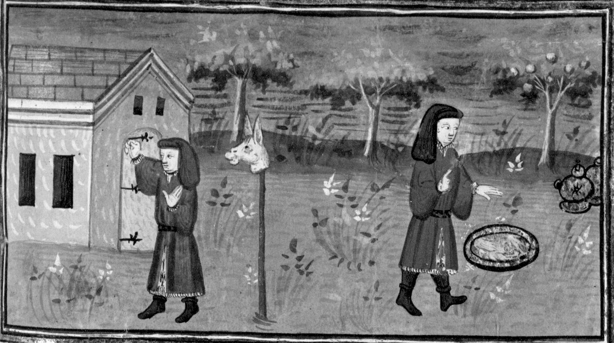 Dekameron, Frederic klopft an die Tür von Madame Tessa; der Mann findet Essen und Wein unter einem Pfirsichbaum. Siebter Tag, Novelle 1 von Giovanni Boccaccio