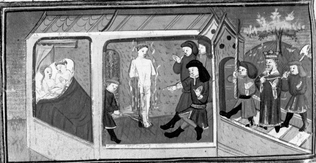 Dekameron, Gianni di Procida und Restituta werden vom König Friedrich entdeckt; Gianni di Procida wird zum Scheiterhaufen verurteilt. Fünfter Tag, Novelle 6. von Giovanni Boccaccio