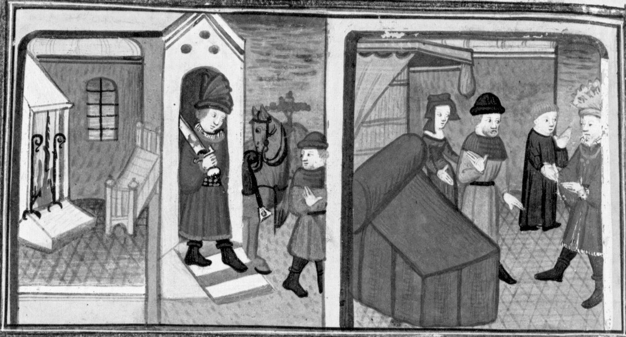 Dekameron, Der Ritter Lambertuccio entkommt aus Isabellas Zimmer; der Ehemann der Frau findet den Liebhaber im Zimmer. Siebter Tag, Novelle 6 von Giovanni Boccaccio
