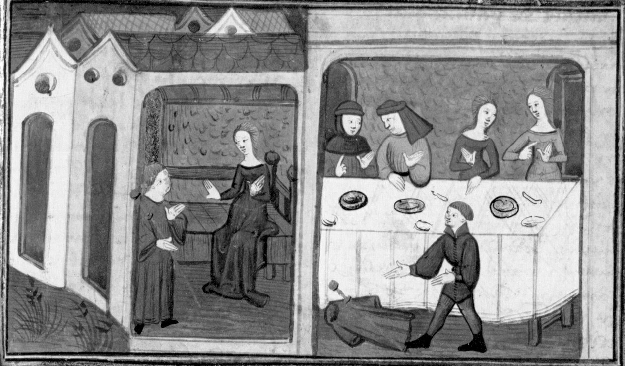 Dekameron, Tedaldo spricht mit Ermeline; Tedaldo offenbart seine Identität. Dritter Tag, Novelle 7. von Giovanni Boccaccio