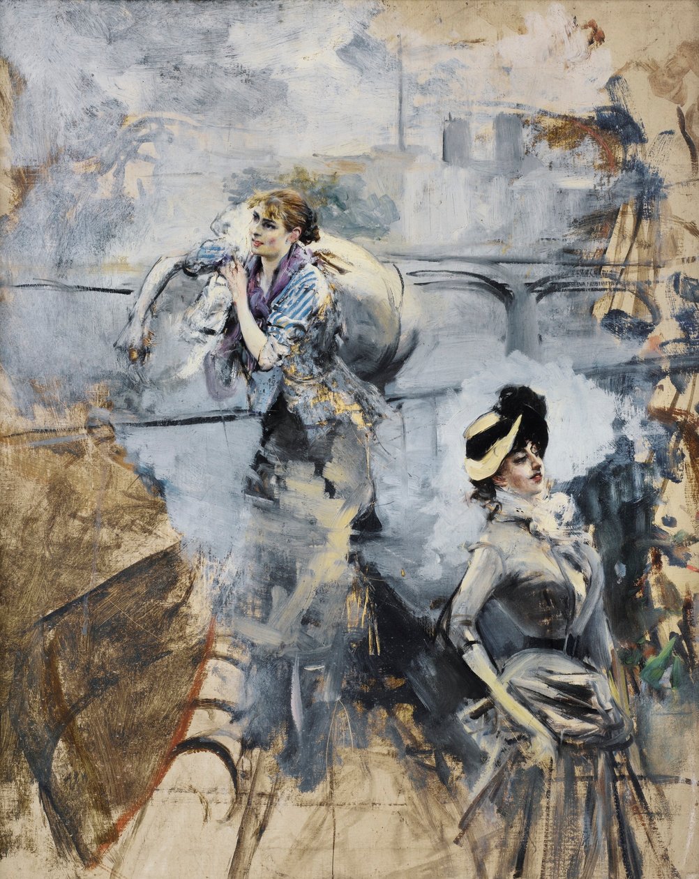 Waschfrau und eine junge Brünette an der Seine, Paris von Giovanni Boldini