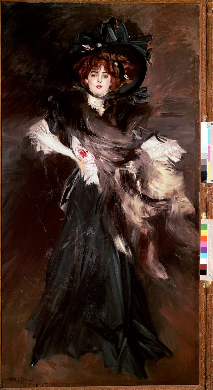 Porträt von Mademoiselle Lantelme, junge Frau in schwarzer Mode der Belle Époque von Giovanni Boldini