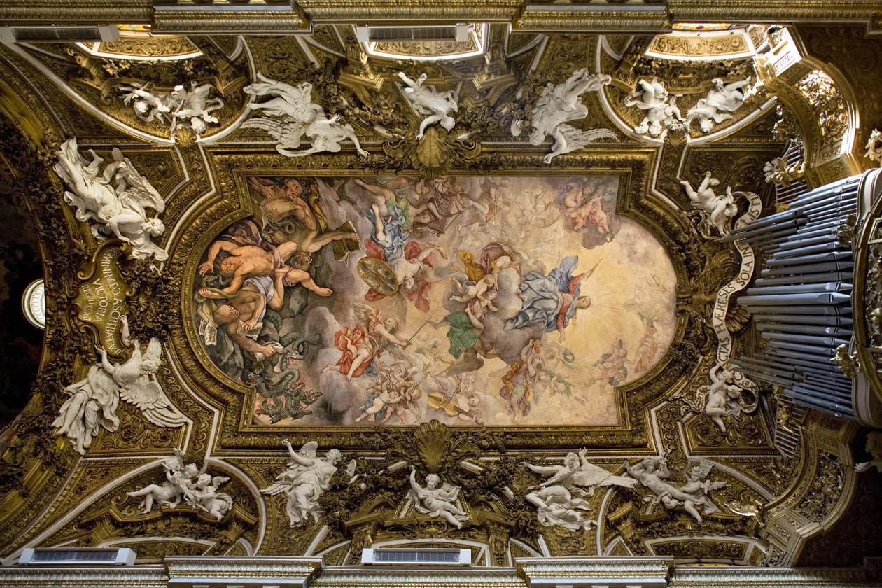 Gewölbe der Kirche Santa Maria della Vittoria in Rom, Fresko, das den Sieg der Jungfrau Maria über die Häresie und den Fall der rebellischen Engel darstellt, ausgeführt 1675 von Giovanni Domenico Cerrini (1609-1681), Bau des 17. Jahrhunderts, italienisch von Giovanni Domenico Cerrini