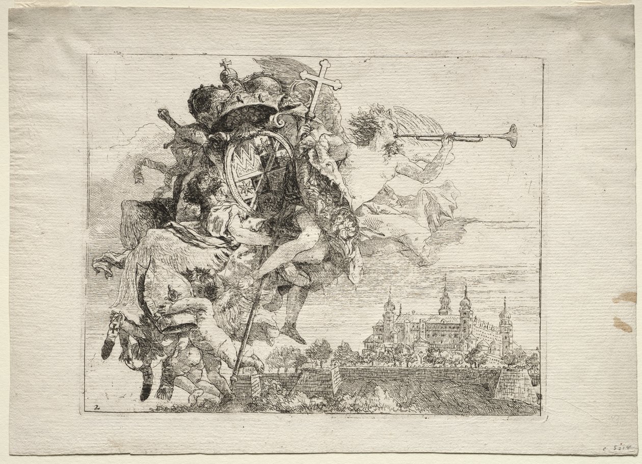 Flucht nach Ägypten: Widmung mit geflügelter Figur des Ruhms, die die Waffen des Fürstbischofs von Würzburg trägt von Giovanni Domenico Tiepolo