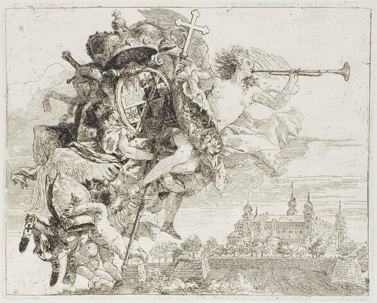 Frontispiz: Die Waffen von Carl Philipp von Greiffenklau von einem Engel getragen, aus Die Flucht nach Ägypten von Giovanni Domenico Tiepolo