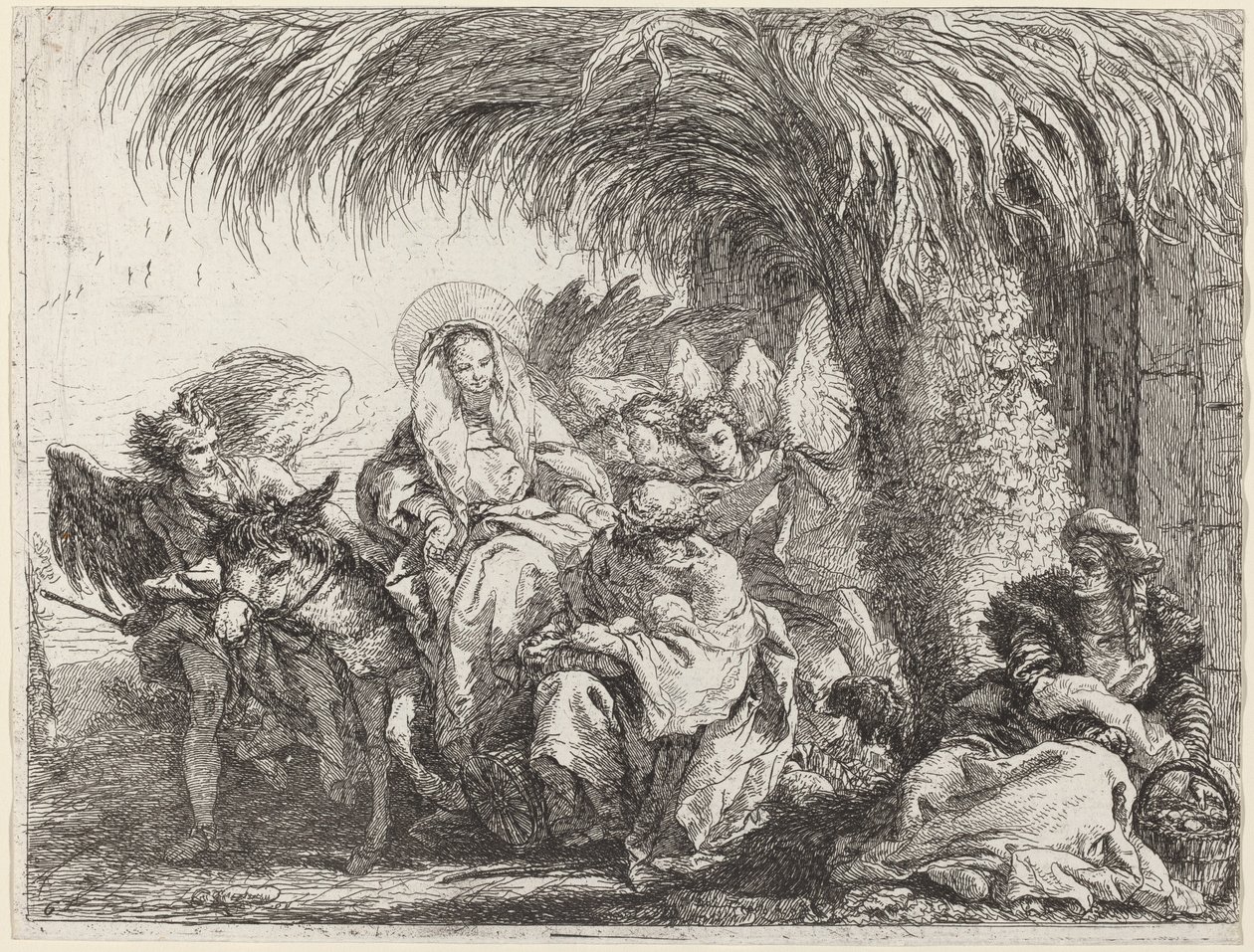 Joseph kniet mit dem Kind vor Maria auf dem Esel von Giovanni Domenico Tiepolo