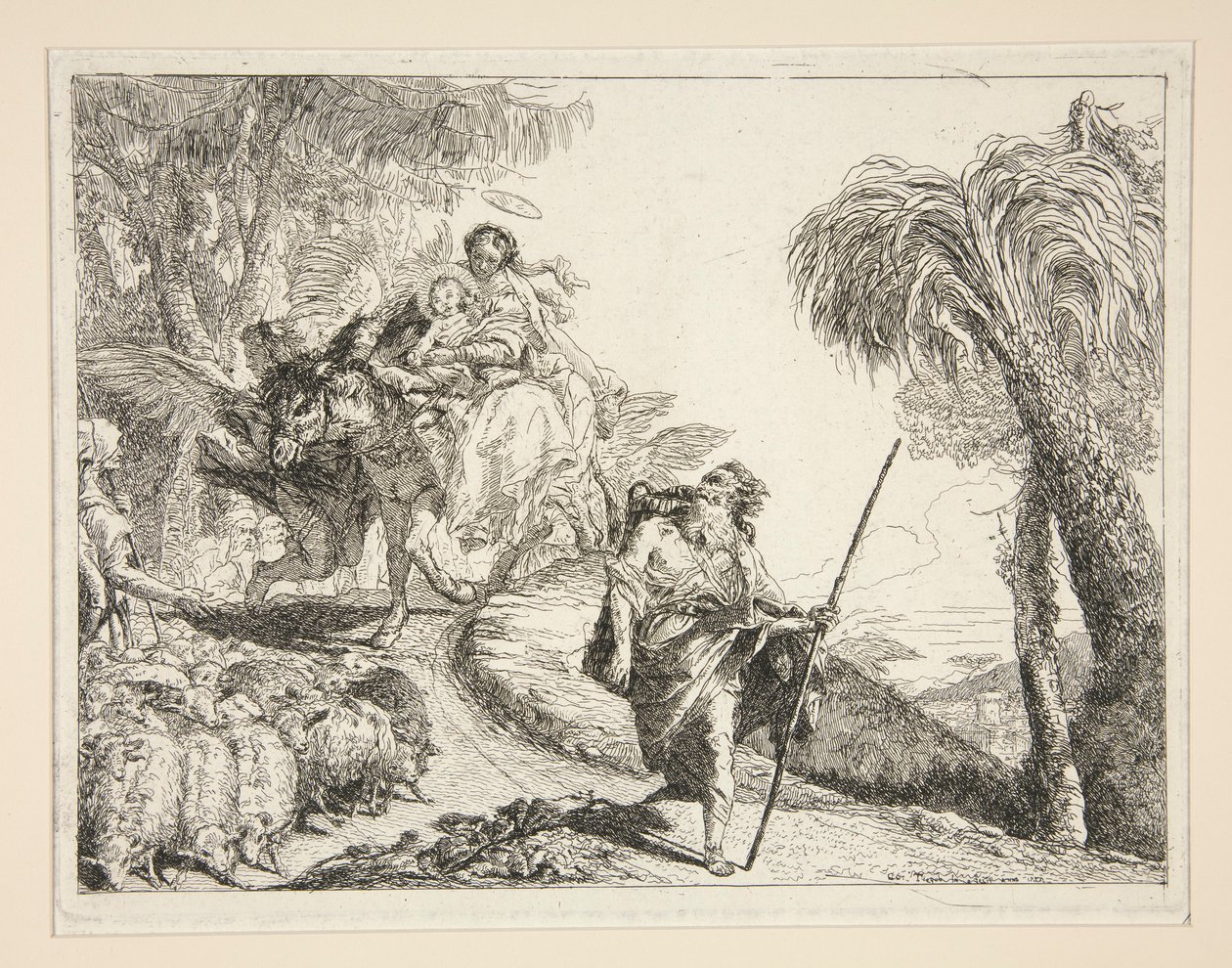 Joseph mit der Jungfrau und dem Kind, aus der Serie Idee pittoresche sopra la fuga in Egitto (Flucht nach Ägypten) von Giovanni Domenico Tiepolo