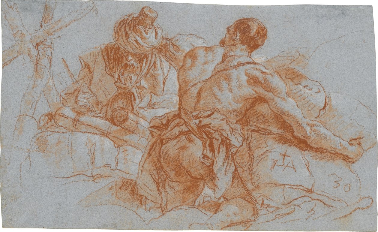 Orientalische Handelsleute mit Warenballen; verso: Skizze zu einem angewinkelten linken Arm von Giovanni Domenico Tiepolo