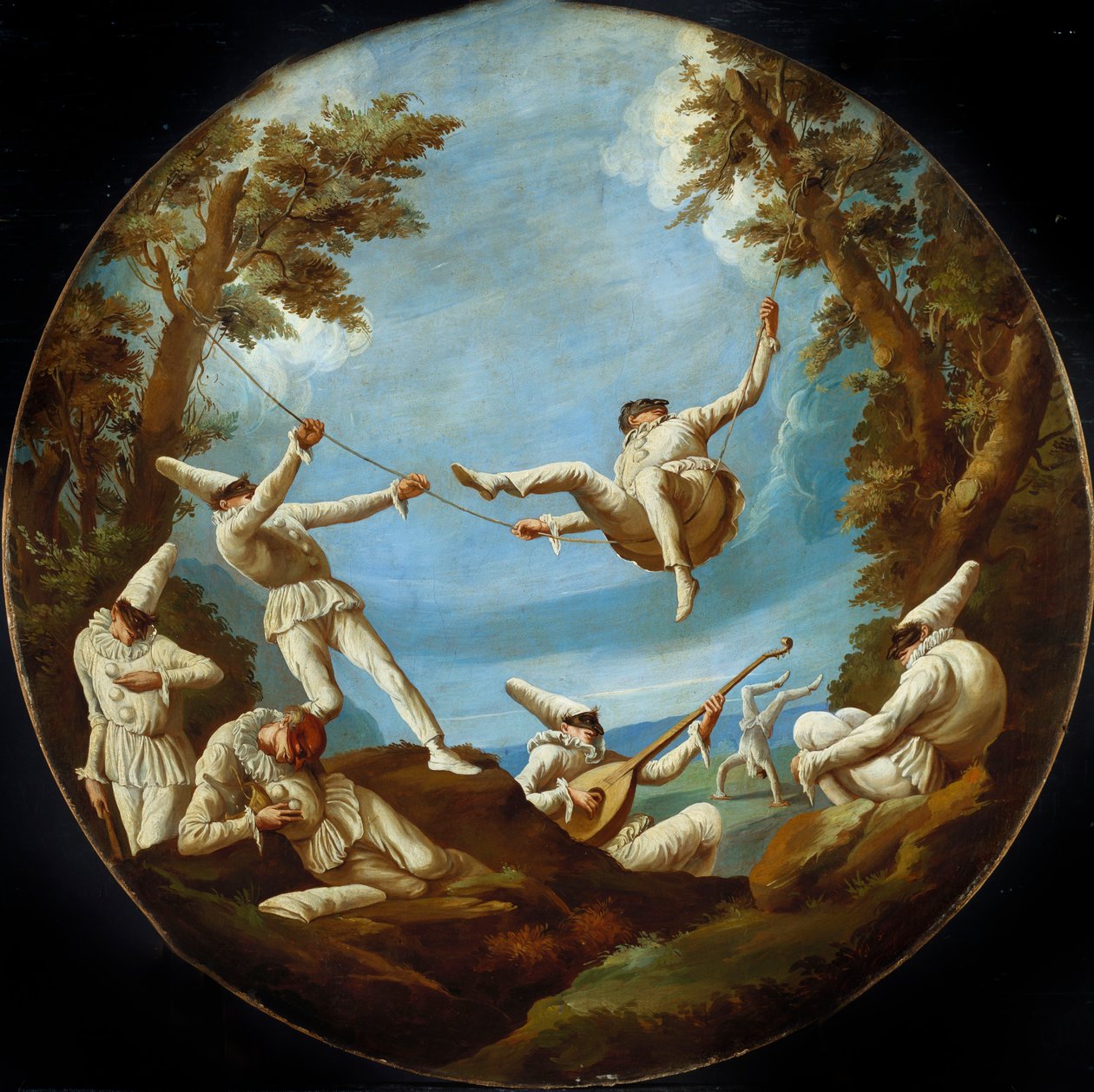 Punchinellos auf Schaukeln, Musik machend und Akrobatik in einer Landschaft von Giovanni Domenico Tiepolo