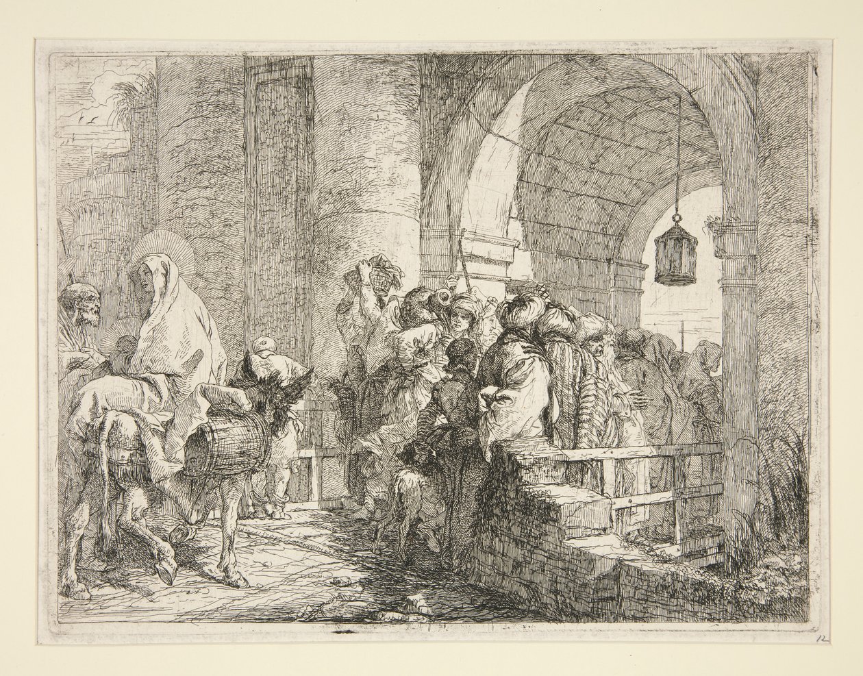 Die Ankunft der Heiligen Familie am Tor einer Stadt, aus der Serie Idee pittoresche sopra la fuga in Egitto (Flucht nach Ägypten) von Giovanni Domenico Tiepolo