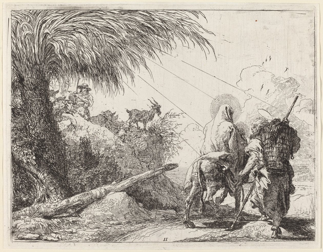 Die Flucht, Heilige Familie rechts, Joseph schaut nach links von Giovanni Domenico Tiepolo