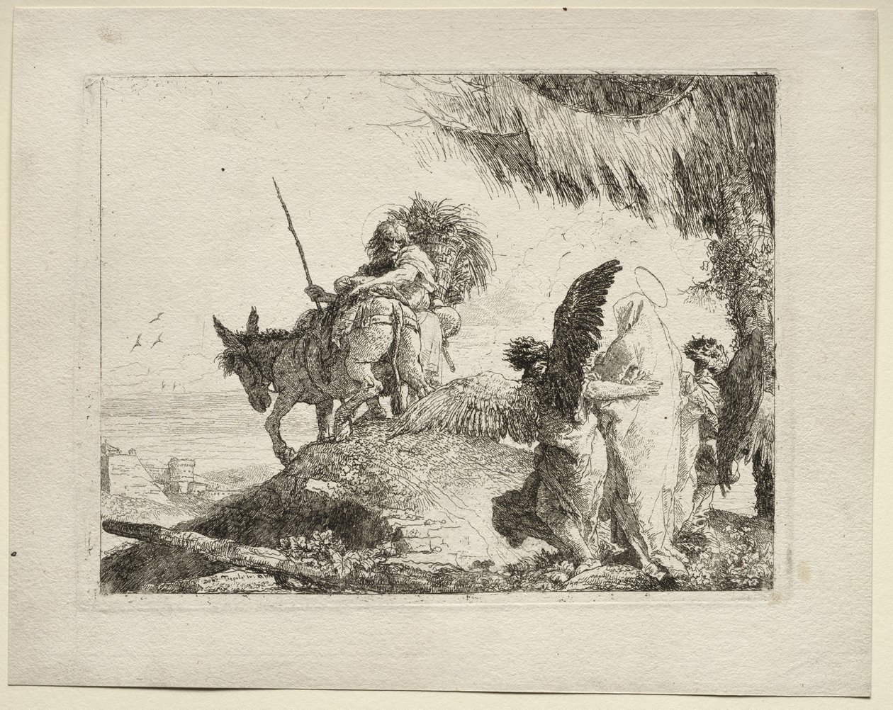 Die Flucht nach Ägypten: Die Flucht mit der Madonna rechts, unterstützt von Engeln von Giovanni Domenico Tiepolo