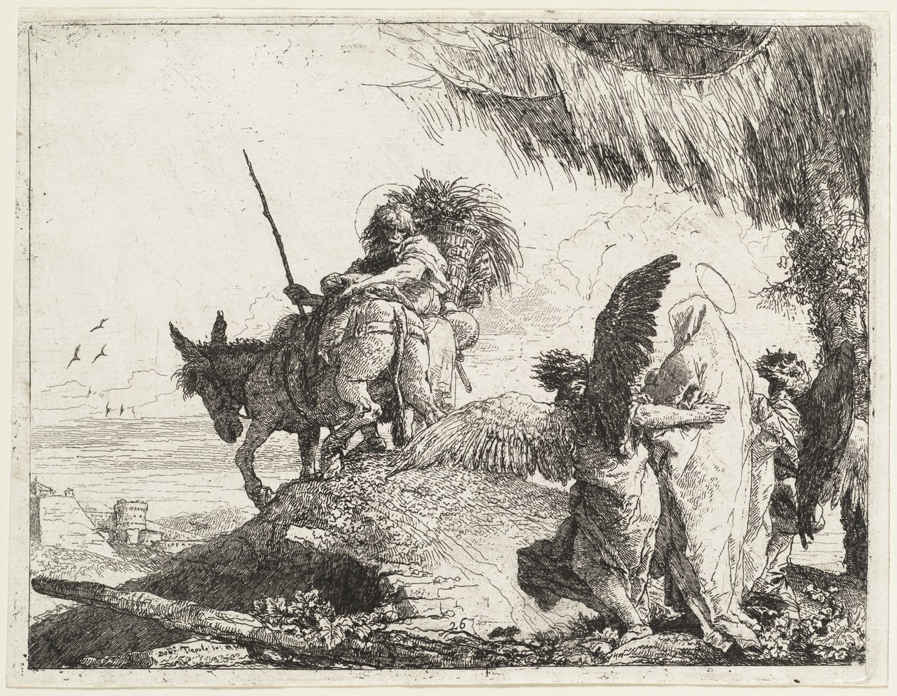 Die Flucht, mit Madonna rechts von Engeln unterstützt von Giovanni Domenico Tiepolo