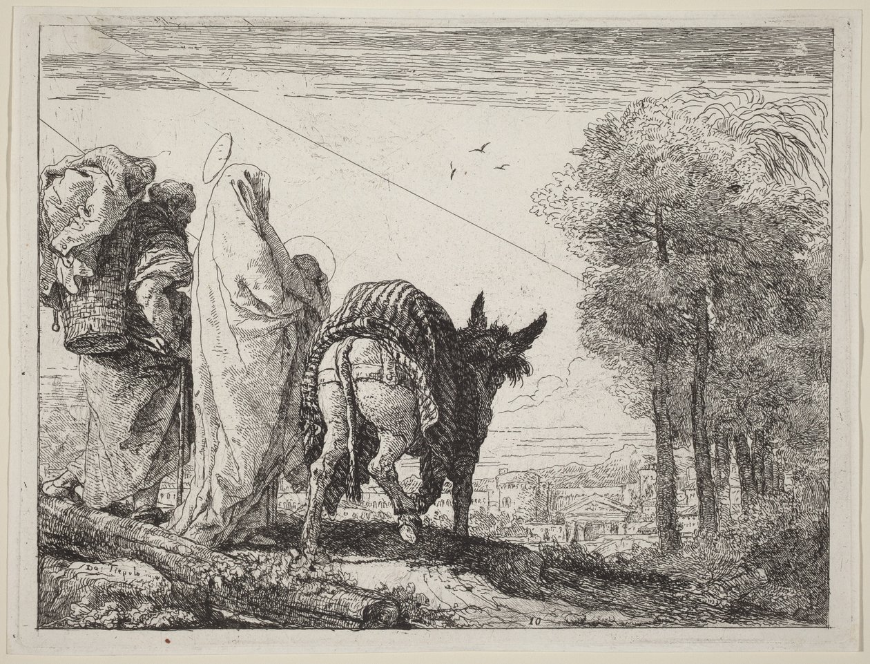 Die Flucht mit der Heiligen Familie auf der linken Seite von Giovanni Domenico Tiepolo