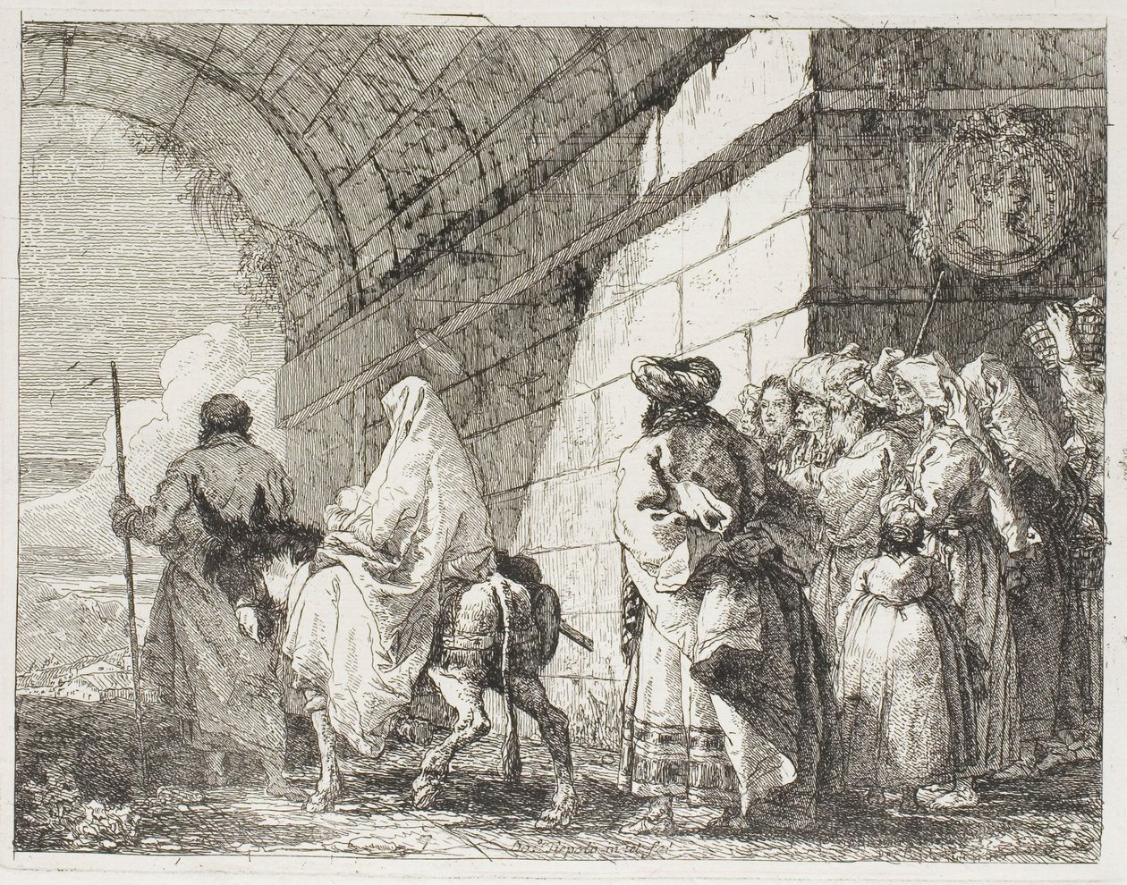 Die Heilige Familie verlässt das Stadttor, Platte sieben aus Die Flucht nach Ägypten von Giovanni Domenico Tiepolo