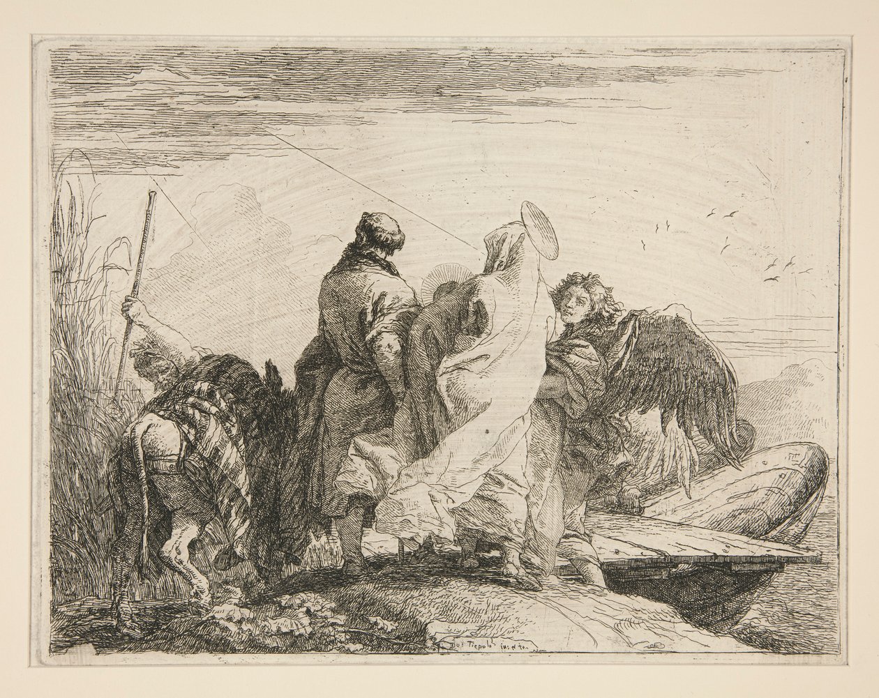 Die Heilige Familie verlässt das Ufer des Flusses, aus der Serie Idee pittoresche sopra la fuga in Egitto von Giovanni Domenico Tiepolo