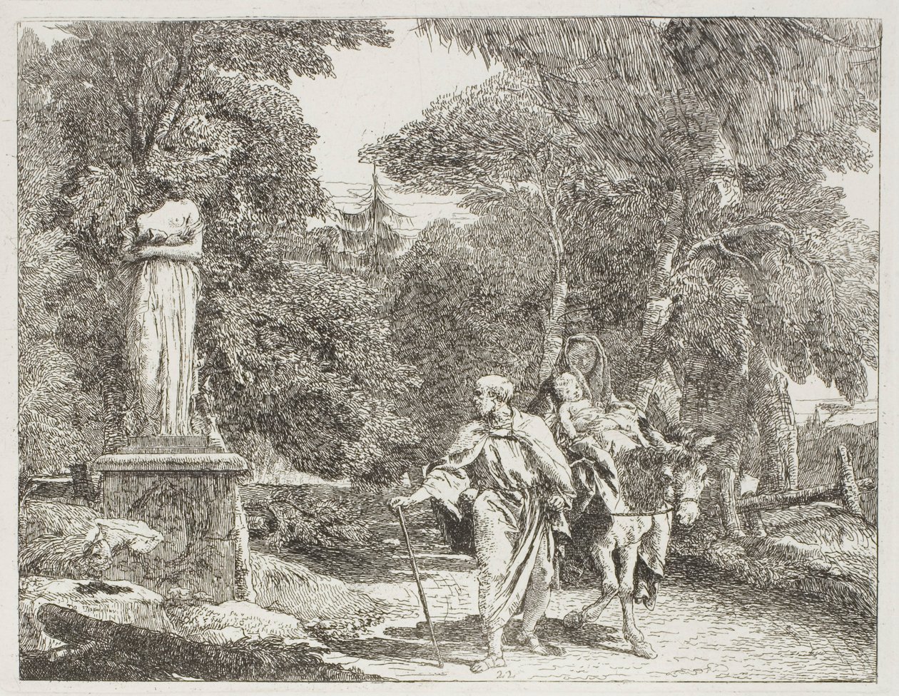 Die Heilige Familie passiert eine Statue, deren Kopf zu Boden fällt, Platte 22 aus Die Flucht nach Ägypten von Giovanni Domenico Tiepolo