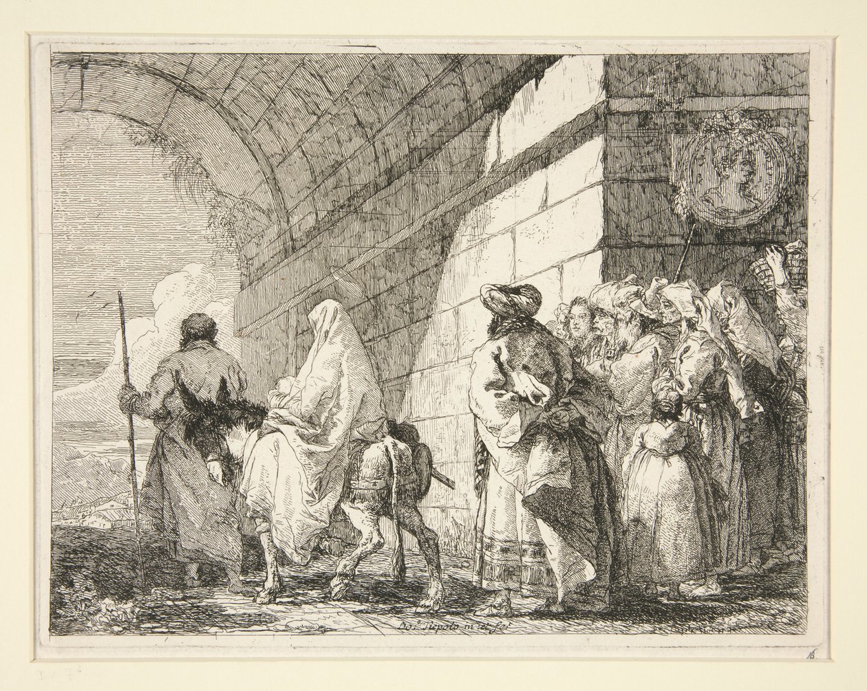 Die Heilige Familie unter einem Bogen, verlässt ein Stadttor, aus der Serie Idee pittoresche sopra la fuga in Egitto (Flucht nach Ägypten) von Giovanni Domenico Tiepolo