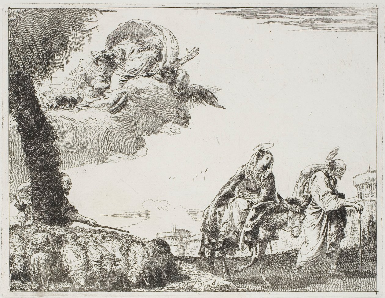 Die Heilige Familie geht entlang einer Stadtmauer. Links ein Hirte mit seiner Herde und Gott der Vater, Platte acht aus Die Flucht nach Ägypten von Giovanni Domenico Tiepolo
