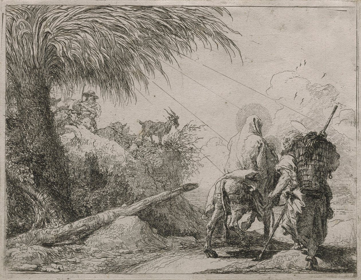 Die Heilige Familie auf einem felsigen Pfad, aus der Serie Idee pittoresche sulla fuga in Egitto von Giovanni Domenico Tiepolo